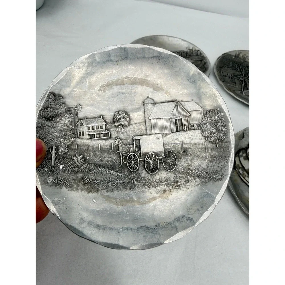 Wendell August Forge Coasters Hand Hammered Aluminum Scenic Decor 4pc Round